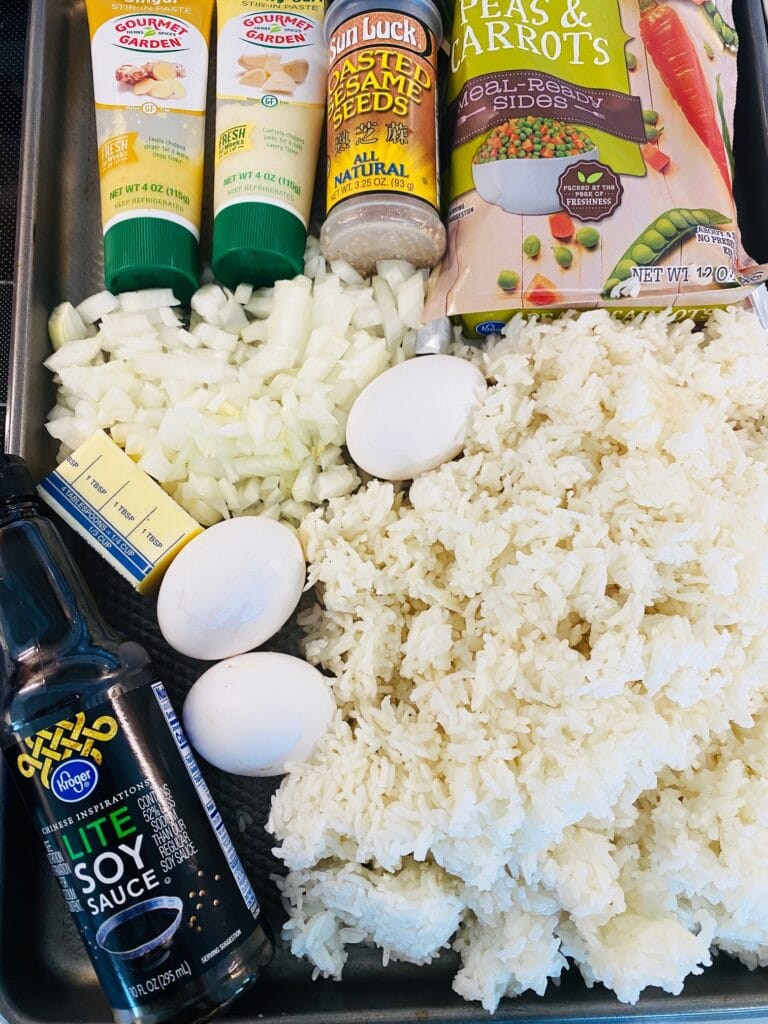 ingredients on a tray for the rice