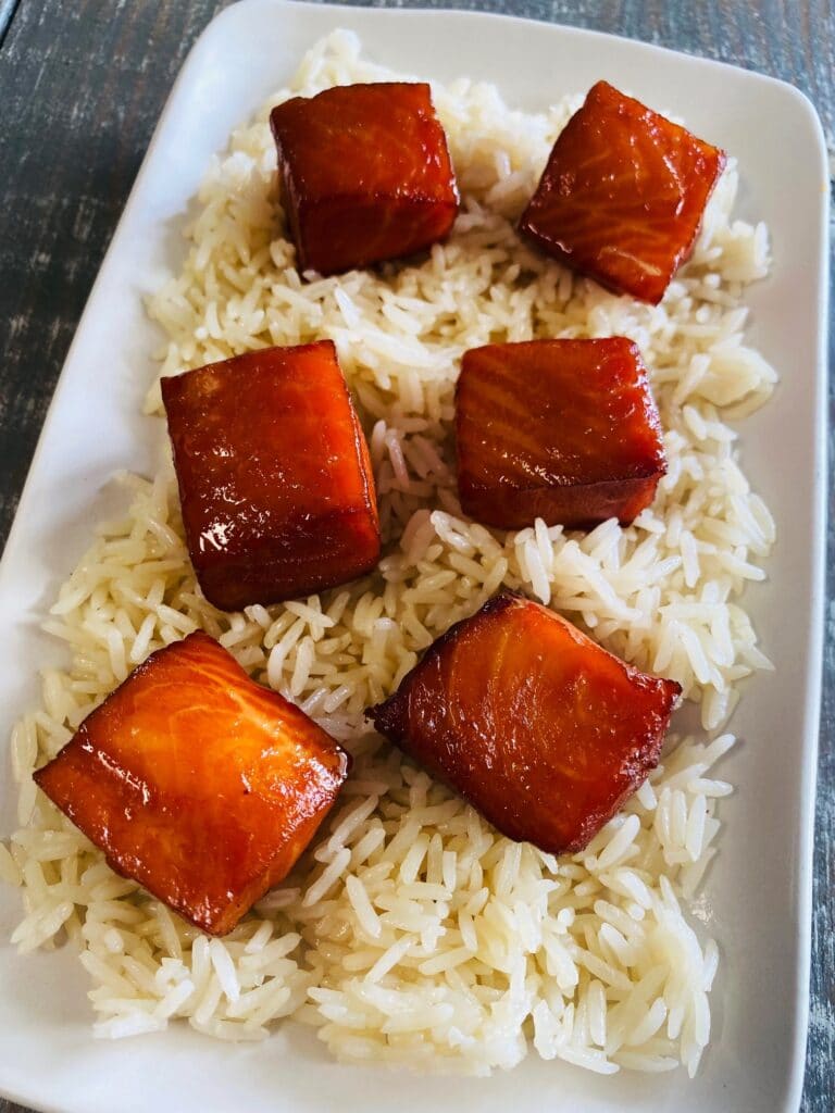 candied salmon over rice