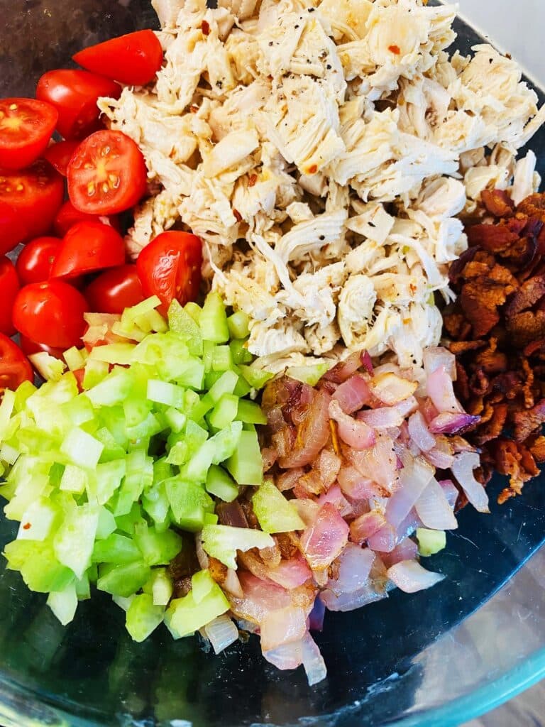 chicken salad in bowl before adding mayo