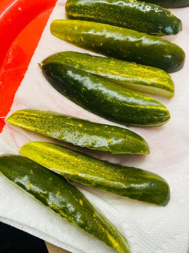 Pickle Spears drying on paper towels