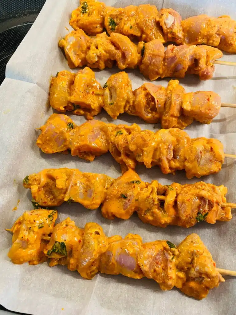 chicken kabobs before putting them on the grill