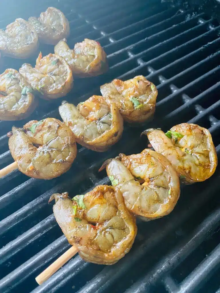 shrimp skewer on the grill before cooking