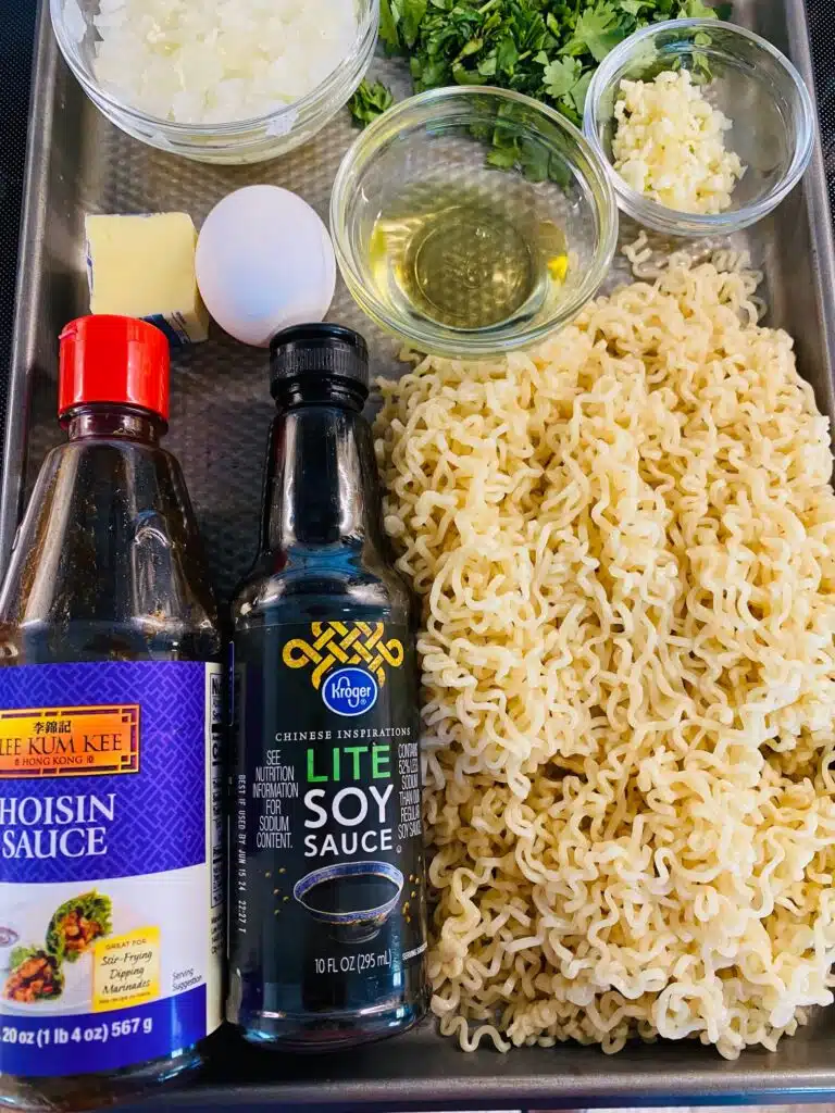 Ingredients for the hibachi ramen on a tray