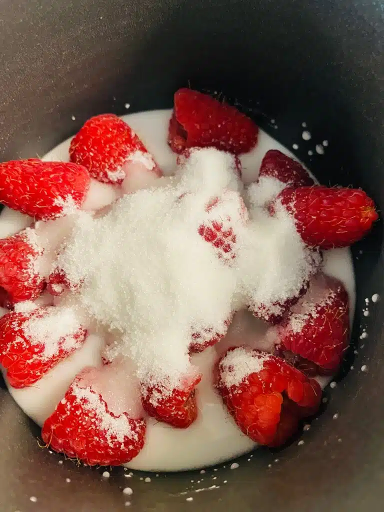 raspberries and sugar in a saucepan before cooking