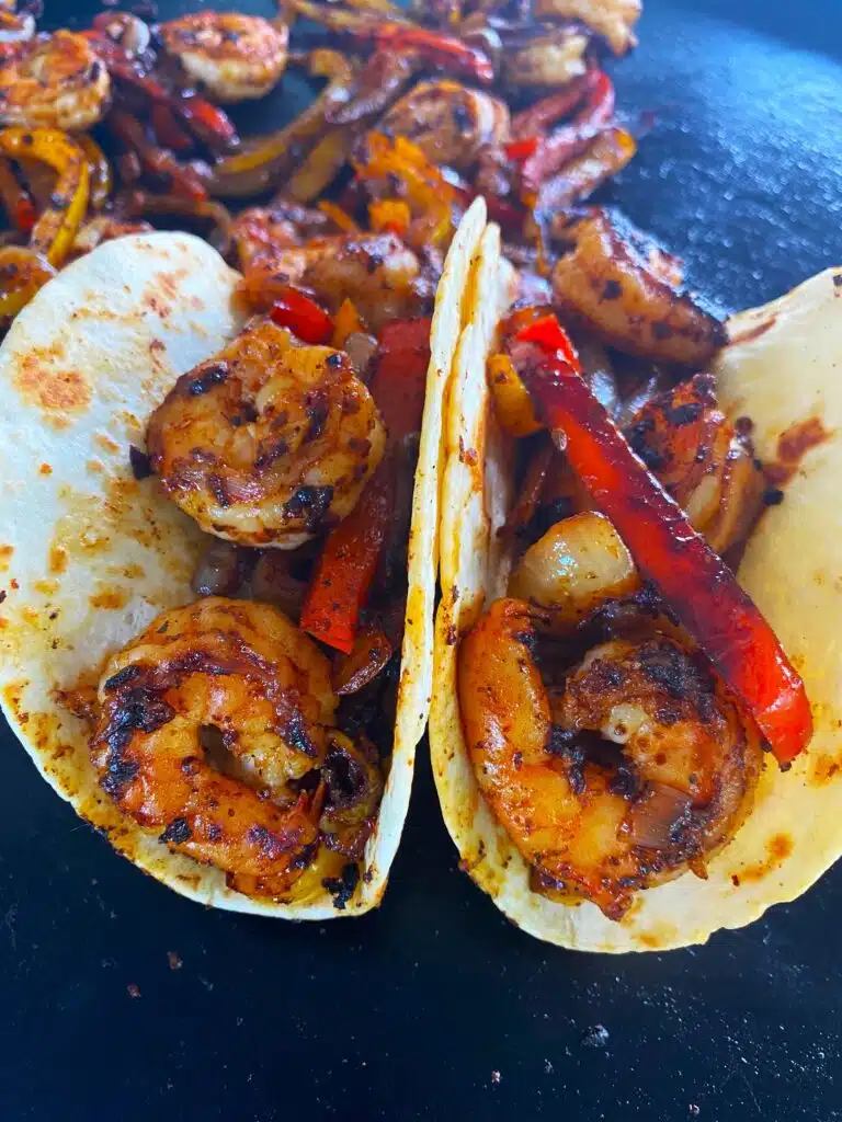 Blackstone Caribbean Jerk Shrimp Tacos before adding toppings
