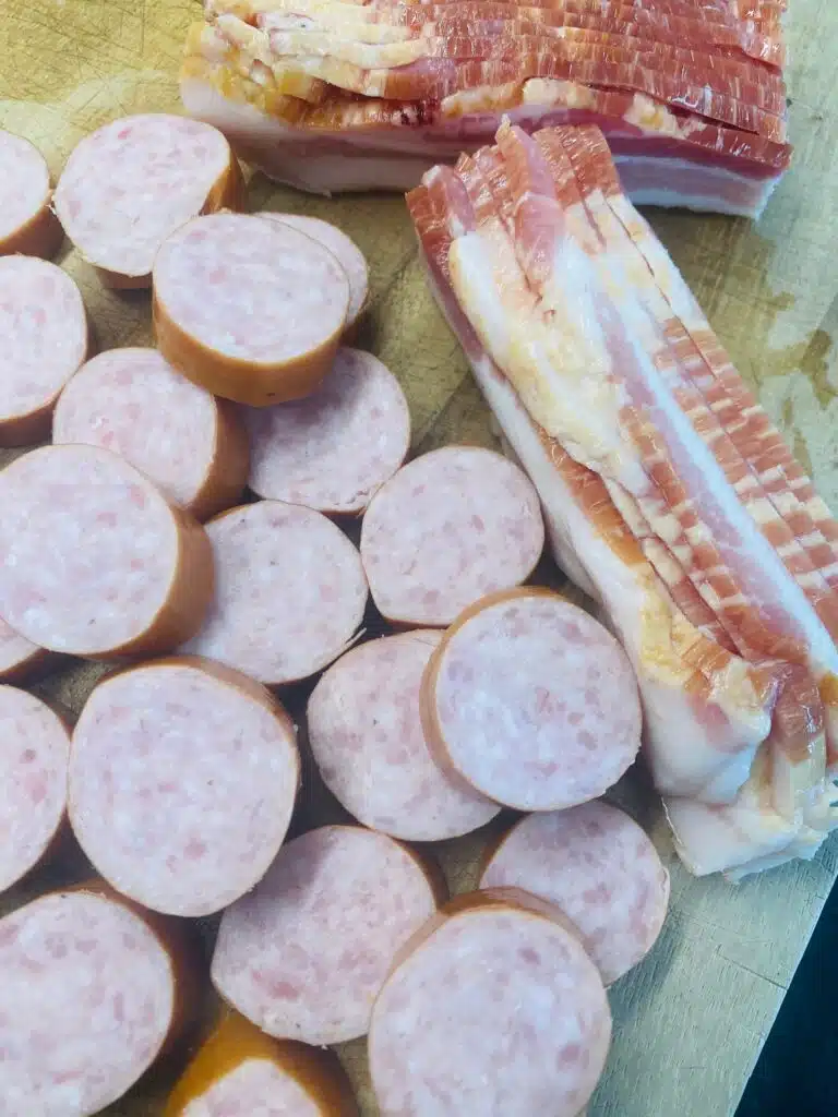 sliced sausage and bacon