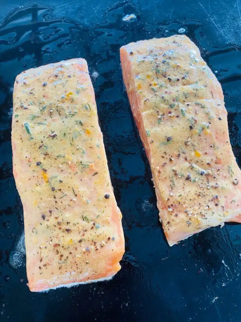 salmon on the griddle before cooking