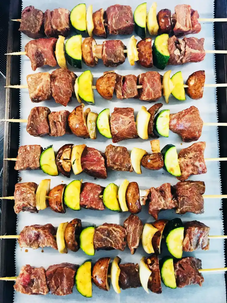 Traeger Hibachi Steak Skewers before on the grill