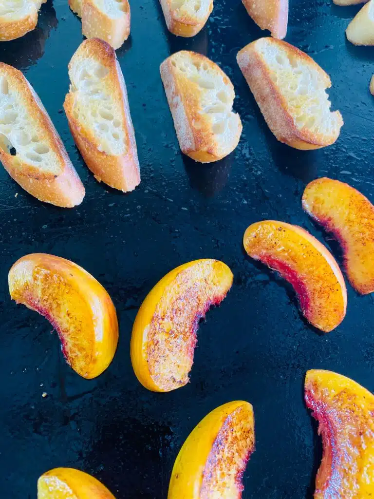 peaches and bread on the griddle