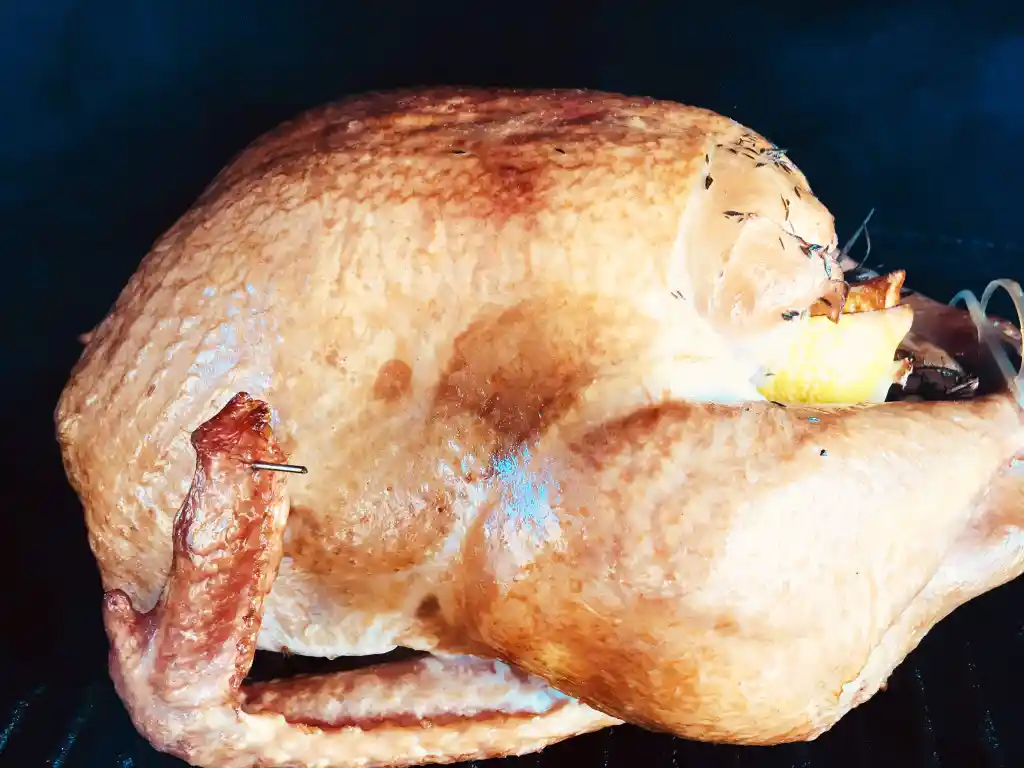 Traeger Maple Brined Turkey Recipe before fully cooked