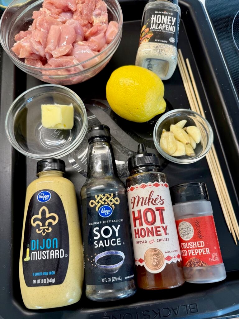 ingredients for Blackstone Lemon Hot Honey Chicken Skewers