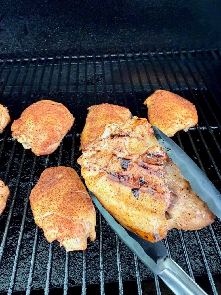 flipping the Smoked Tequila Brined Chicken Thighs