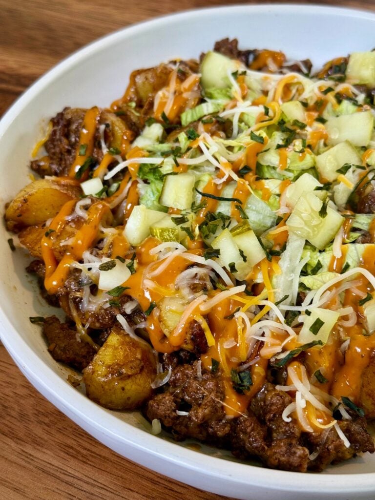 Blackstone Cheesy Potato Burger Bowls