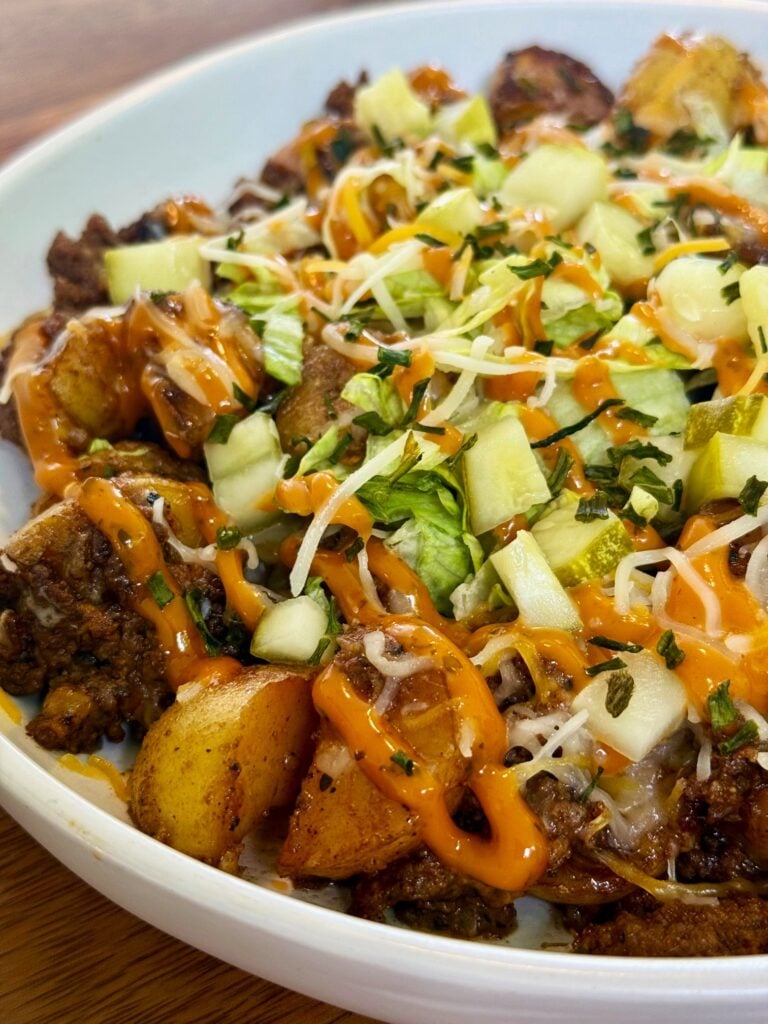 Blackstone Cheesy Potato Burger Bowls