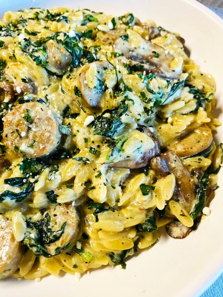 Sausage Mushroom Orzo Alfredo