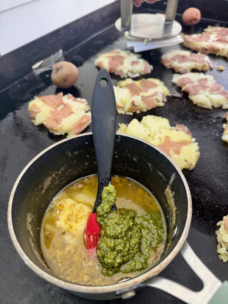 potatoes and pesto butter on the griddle