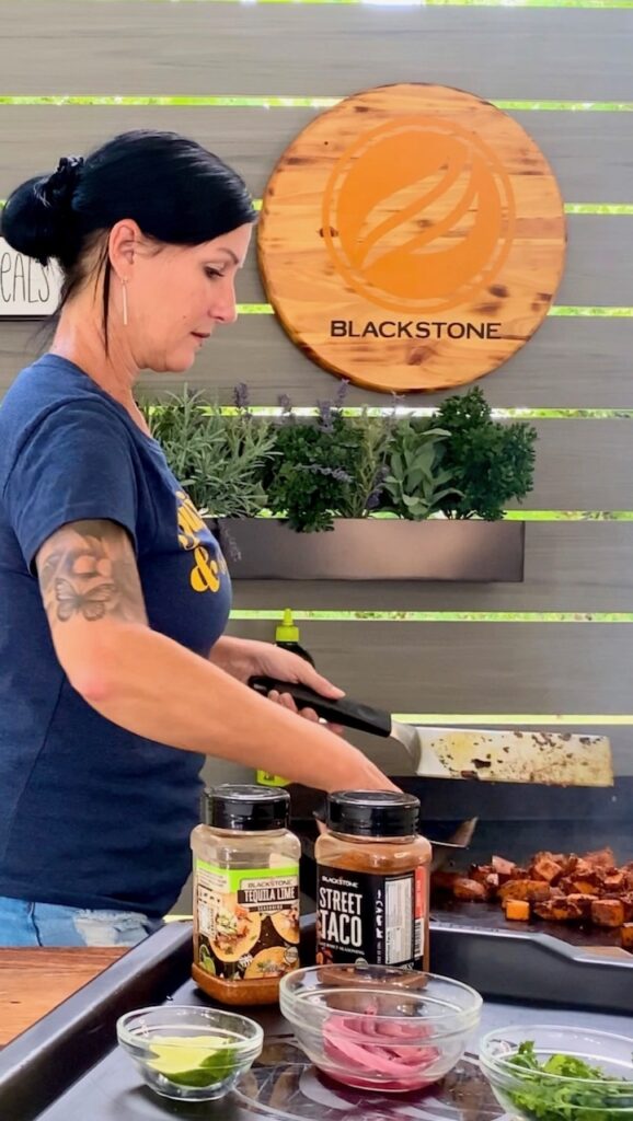 cooking sweet potatoes for Blackstone Sweet Potato Chorizo Bowls