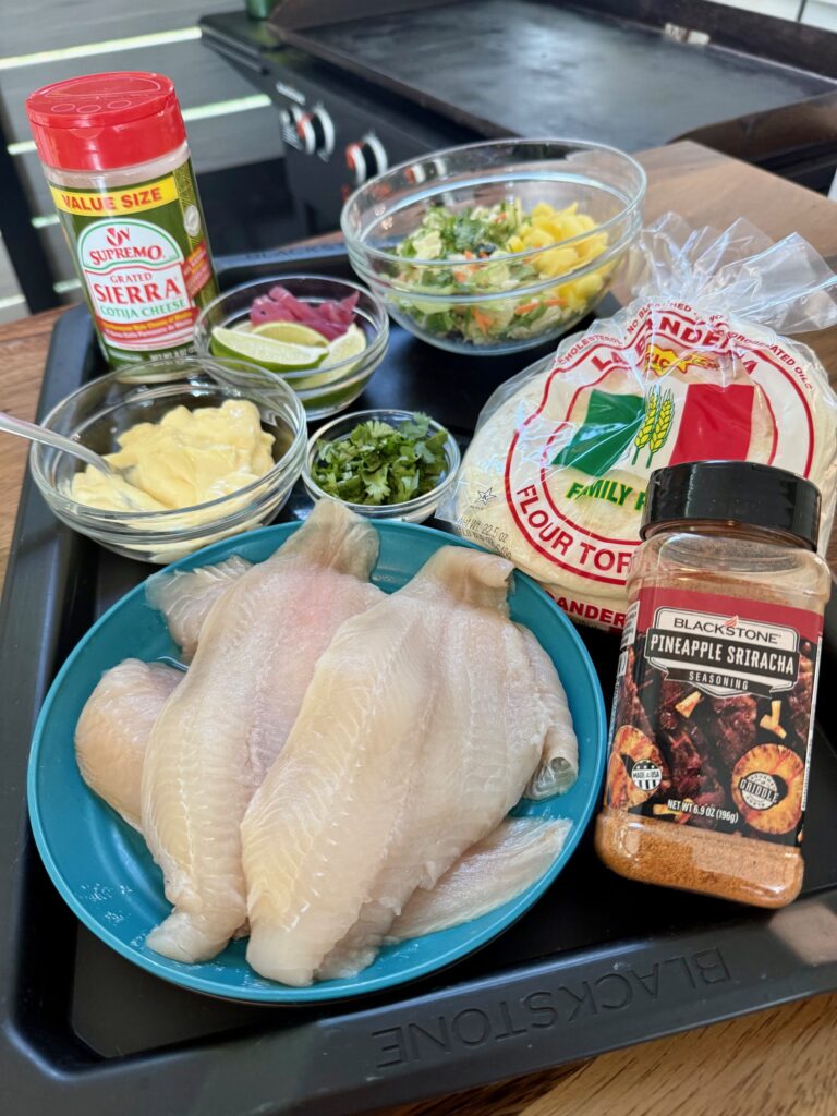 ingredients for Blackstone Pineapple Sriracha Fish Tacos