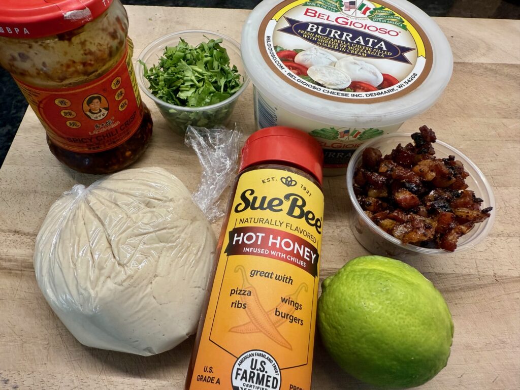 ingredients for Chili Crisp and Burrata Outdoor Pizza
