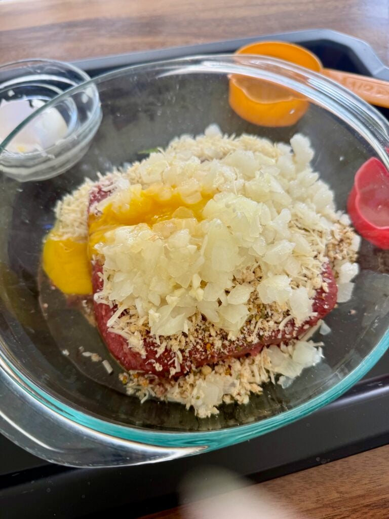 meatball ingredients in a bowl before mixing