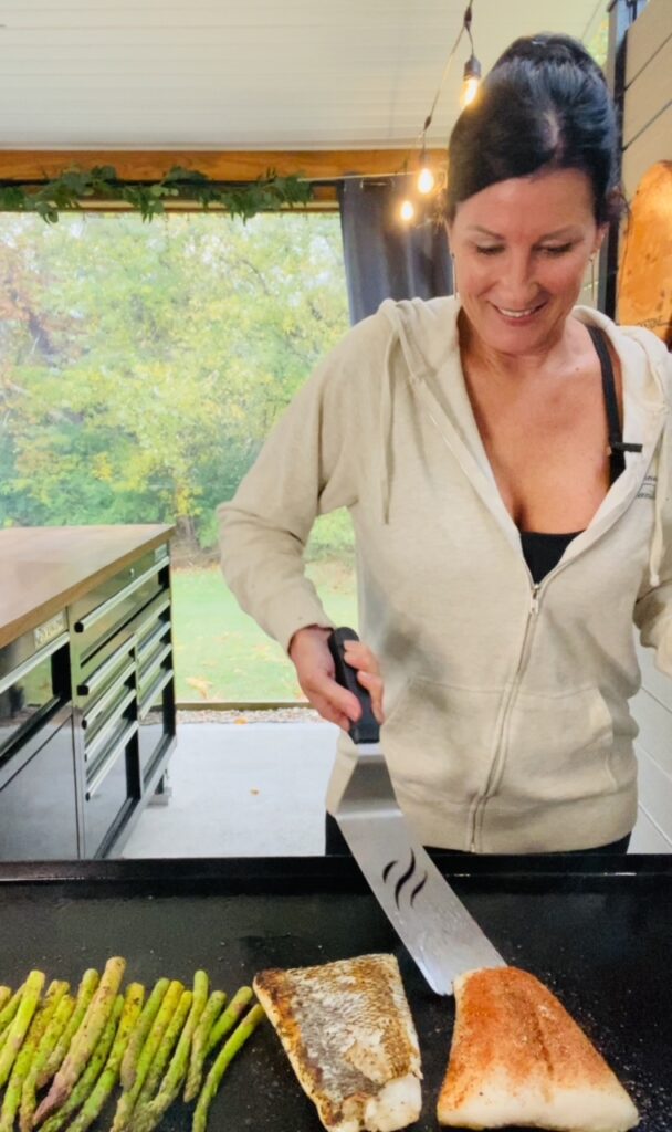 flipping the Blackstone Sea Bass with Chimichurri