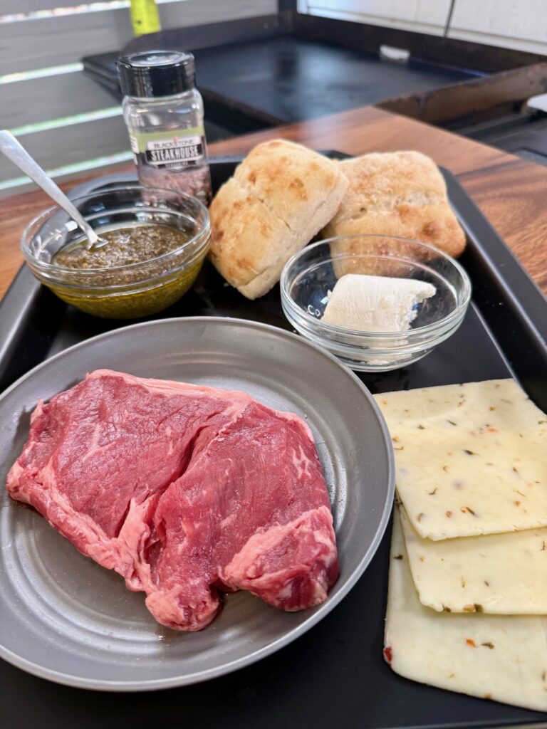 ingredients for Blackstone Pesto Goat Cheese Steak Sandwiches