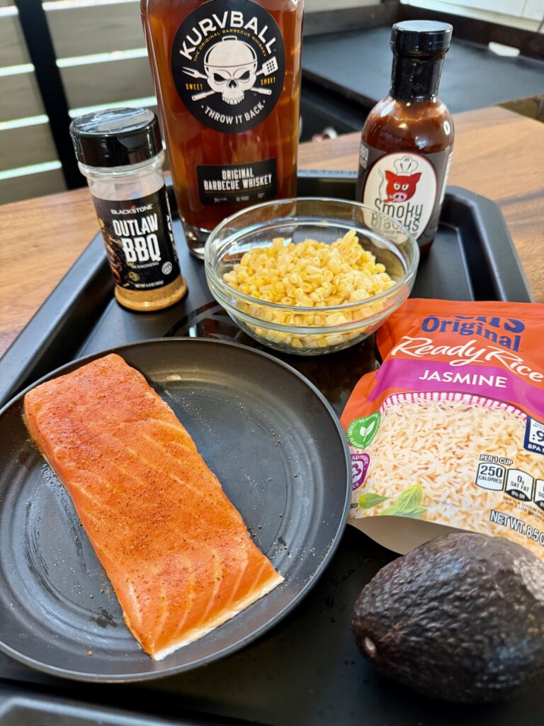 ingredients for Blackstone BBQ Whiskey Salmon Bowls