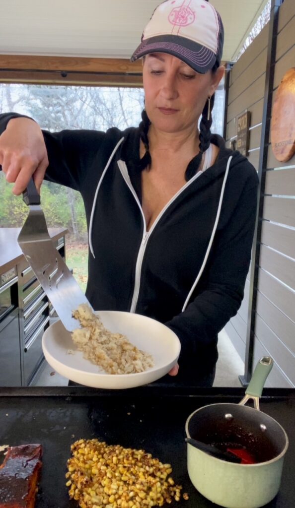 making the Blackstone BBQ Whiskey Salmon Bowls