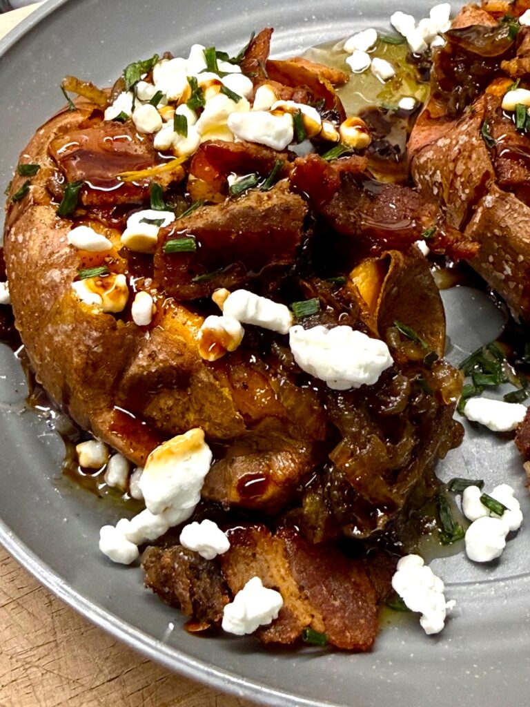 Caramelized Onion Bacon Sweet Potatoes