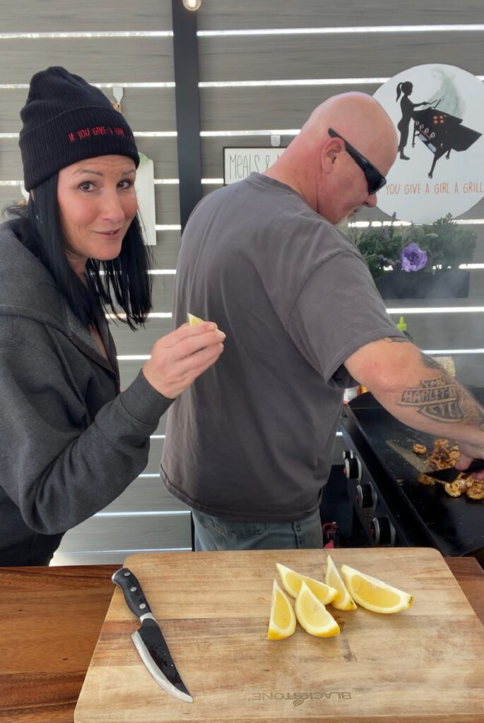 making the Blackstone Hot Honey Buffalo Shrimp Tortellini