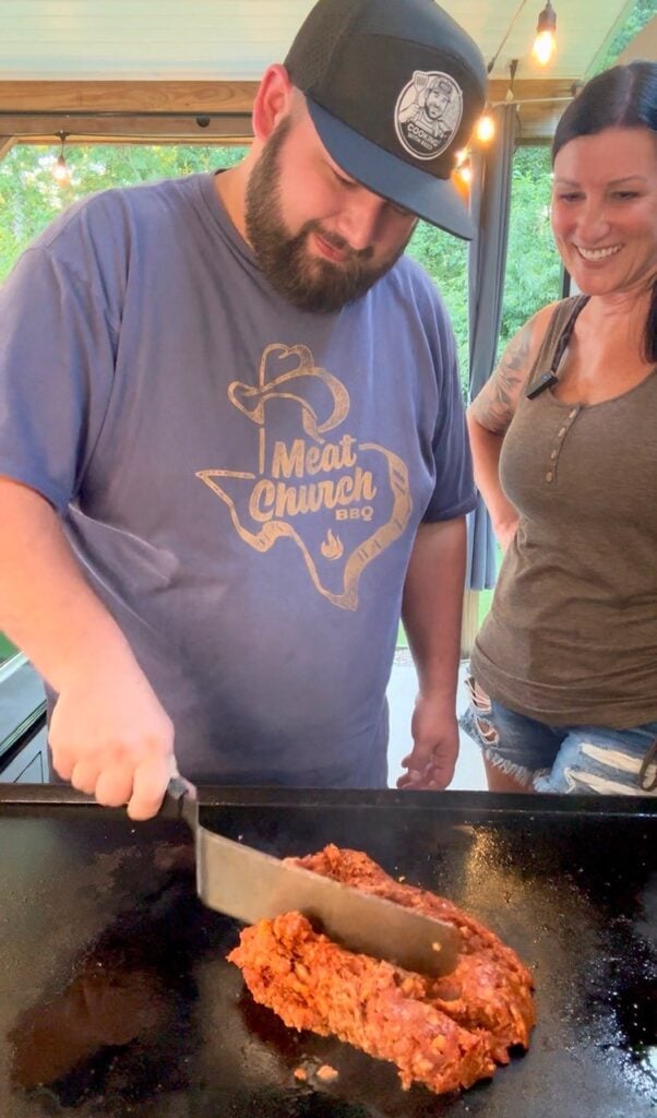 cooking the korean pork on the griddle