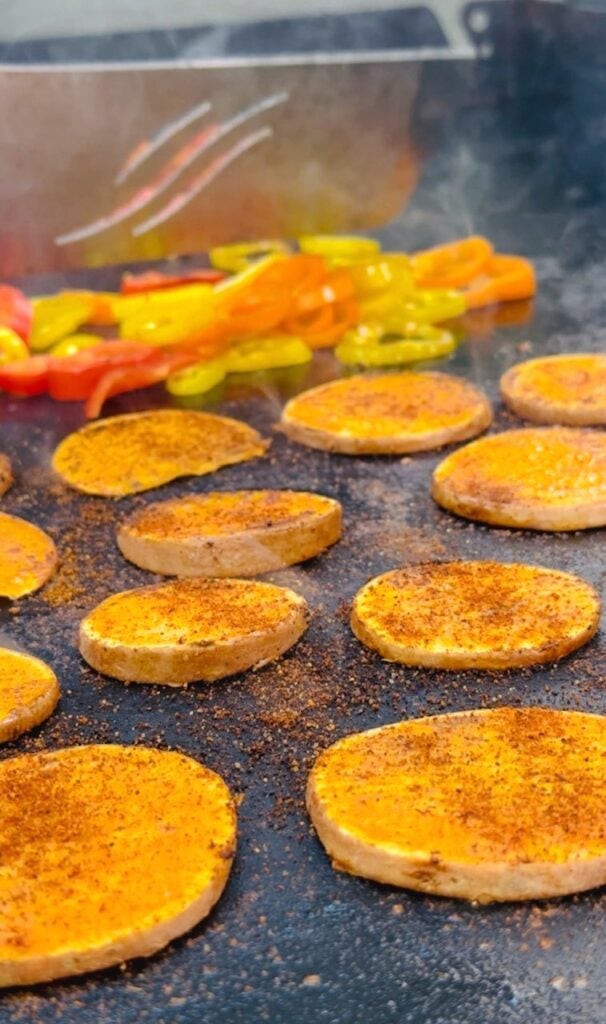 seasoned sweet potatoes on griddle